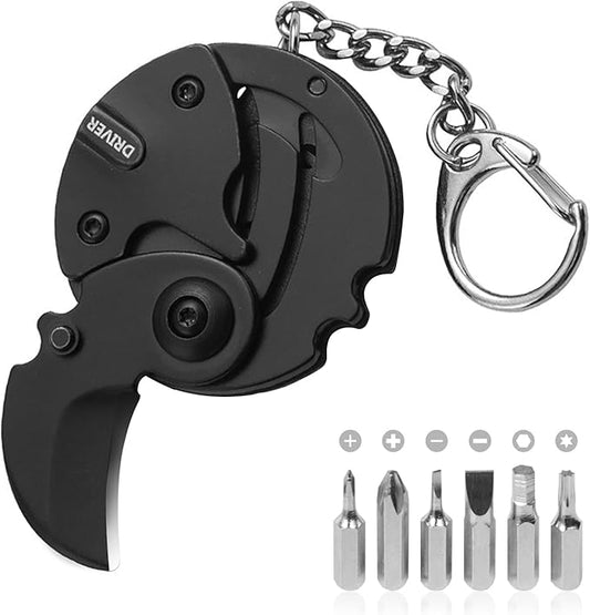 7-in-1 mini outdoor folding multifunctional tool - Small EDC Multitool with Screwdriver Set - portable pocket pendant -Compact Manual Tool (Black stainless steel)