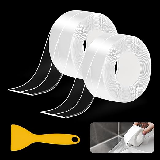 Fixmend Clear Caulk Tape, 2 Roll Transparent Caulk Strip Waterproof Self Adhesive, Caulking Sealant Tape for Kitchen, Countertop, Bathroom, Sink, Shower, Bathtub, Toilet Edge Protector(1.5" x 10.5Ft)
