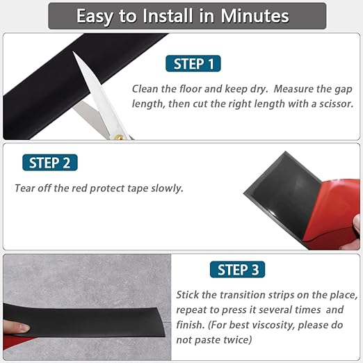 Floor Transition Strip 2" Self Adhesive Flat Vinyl Flooring Transitions Strip with Strong Backing (5cm, 10FT, Black)