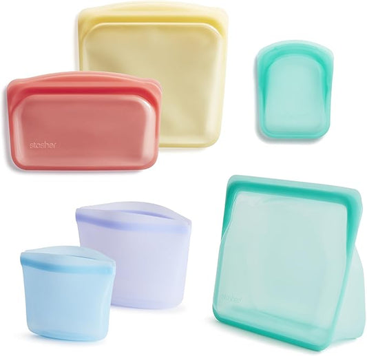 Stasher Silicone Reusable Food Storage Bags, 6-Pack, Reusable Freezer Bags, Microwave, Dishwasher, Oven Safe, Sous Vide, Premium Lunch Containers, Eco Friendly, Food-safe Silicone Snack Bag, Rainbow | Reusable Food Bags
