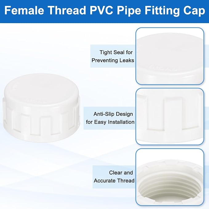 uxcell 12Pcs 1 Inch PT Female Thread PVC Pipe Fitting Cap, Cleanout Water Drain End Caps, Pipe Plug Socket Fittings with Tape for Water Heater Supply Lines, Plumbing, White