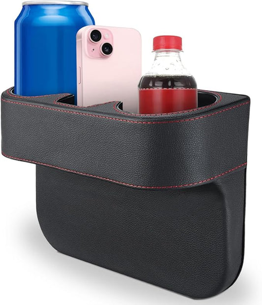 KITUREK Car Cup Holder, PU Leather Cover Auto Front Seat Organizer, Black | Multifunctional Cup Drink Holder, Gap Filler Coin Bucket Storage Box, Console Side Pocket, Cell Mobile Phone Holder
