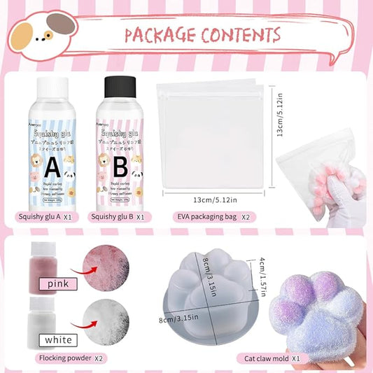 Anergoo Taba Squishy Making Kit - DIY Squishy Maker with 3" Paw Animal Silicone Molds, Liquid Gel & Flocking - Create Cute Squishies Adults 200g