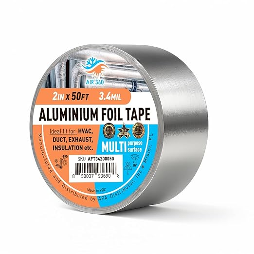 Air 360 Aluminum Foil Tape 2 Inch x 50 FT - HVAC Foil Tape for Ductwork, Dryer Vent, AC & Pipe Insulation - Heavy Duty High Temp Heat Resistant Metal Duct Tape, Waterproof Aluminum HVAC Tape