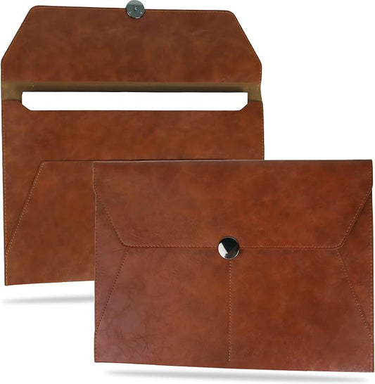 MultiBey PU Leather A4 Document Holder File Organizer with Snap Closure, Waterproof/Water‑Resistant A4 & Letter Size Envelope Folder 13 x 9.5 in - Holds up to 100 Sheets (Amber Brown)
