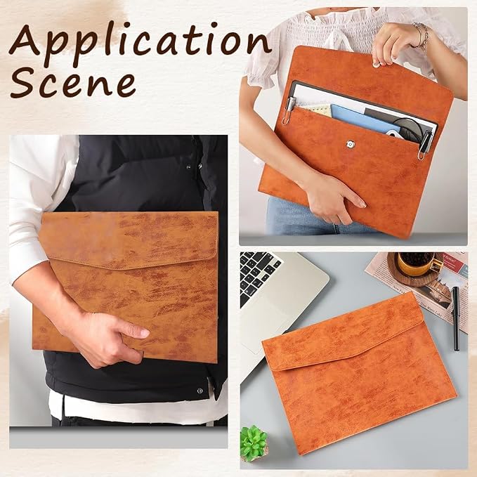 Waterproof A4 PU Leather Envelope File Holder Brown Thin Document Folder Portfolio Filing Oragnizer Pocket Storage Case with Snap Closure for Receipt Contract Stationery Tablet