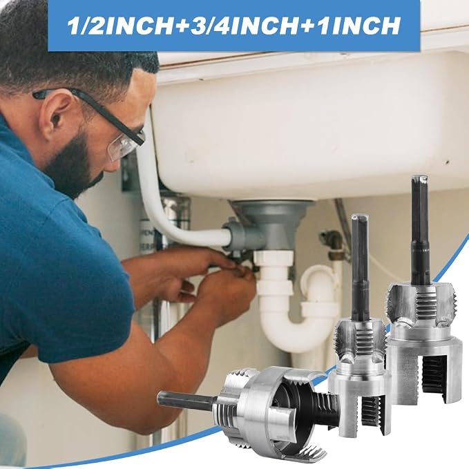 PVC Pipe Threading Tool Kit, 10Pcs Dual Internal & External Pipe Threader Set for 1/2", 3/4" & 1" Plastic Pipes, Carbon Steel Drill-Powered Tapping Tool for Plumbing, Irrigation & Home Repair