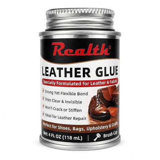Realth Leather Adhesive Glue 4 oz Brush Can, Heavy Duty Contact Cement | Fast Drying Flexible Bond for Shoe Repair, Upholstery, Automotive Interior, Leather Craft, Fabric, Rubber & DIY Repairs