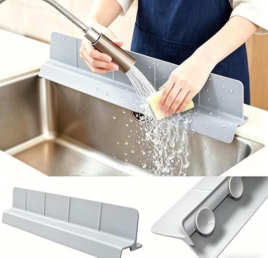 Kitchen Sink Splash Guard 22.8 Inch, Self-Draining Silicone Water Splash Guard with 7 Suction Cups, High Splash Wall & Overhang Edge, Keeps Countertop Dry, Dishwasher Safe (Gray)