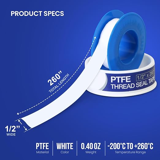 Supply Giant Plumbers PTFE Tape 1/2" W x 260" L 10 Rolls Pipe Thread Tape, High Density Thread Sealant Tape Water Seal Plumbing Tape for Shower Head, Pipes, Gas Lines, Leak Prevention