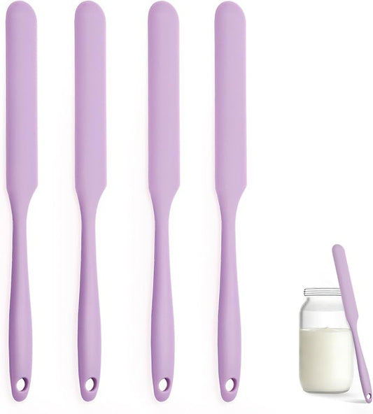 Silicone Jar Spatula Set of 4, Long Handle Skinny Spatula and Spurtle for Sourdough Starter, Flexible Jar Scraper for Peanut Butter, Jam, Icing, Cream with No Batter Left Behind (4)
