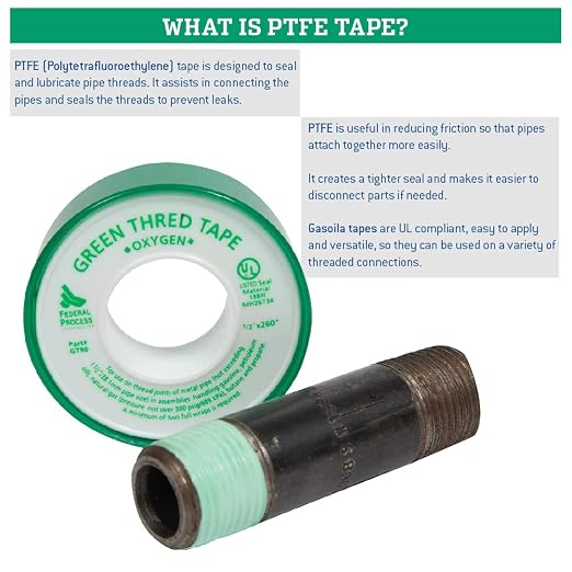 Gasoila Green PTFE Thread Seal Tape – Professional-Grade, 1/2 Inch x 260 Inch, High-Density Thread Tape for Oxygen Lines – Leak-Proof Seal, Non-Toxic, 3 Pack