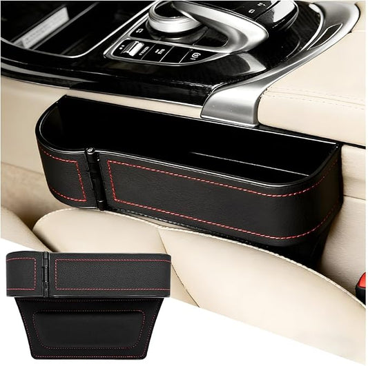 Car Seat Gap Filler Organizer with Cup Holder Expander, Leather Console Seam Filler Storage Box, Auto Front Seat Gap Organizer for Phones Keys Glasses, Universal Fit (Black/Red Driver)