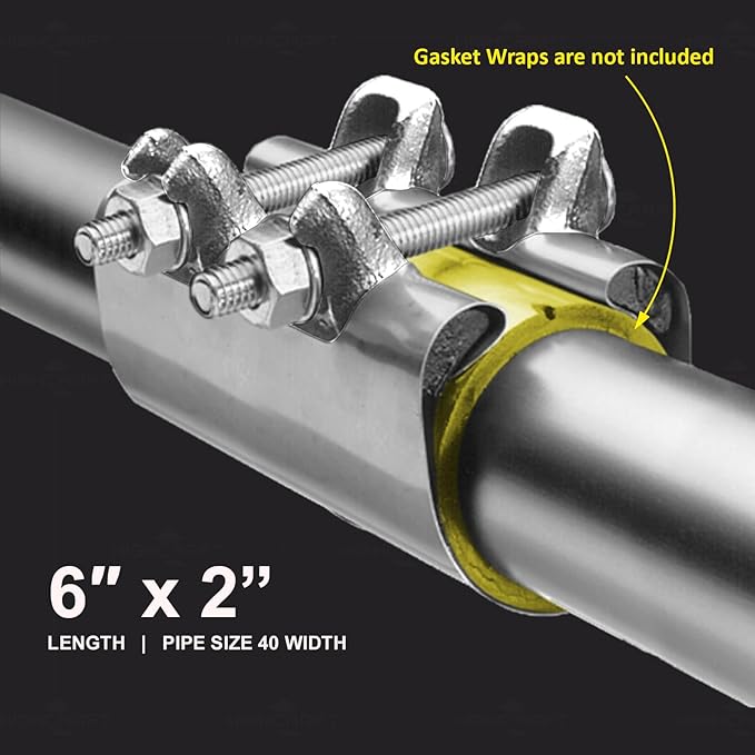 HIGHCRAFT 60200TTSD-5, Single Pipe Repair Clamp 2'', Double Bolt, 6” Long, Stainless Steel (5 Pack), Chrome