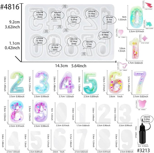 Number Resin Shaker Molds Set 0-9 Keychain Charms Pack of 22 Epoxy Silicone Trays Precision Tip Applicator Bottle Kit Bundle