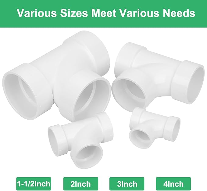 4Pack 1-1/2IN PVC DWV Sanitary Tee 3-Way PVC Pipe Fittings Adapter Furniture Build Grade SCH40 PVC Elbow Fittings Connector for Drain, Waste, Vent