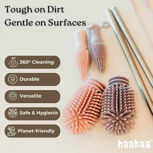 Haakaa Silicone Cleaning Brush Kit – Household Cleaning Brushes for Bottles and Crevices – Food-Grade Silicone: Dishwasher Safe (Brush-Grey)