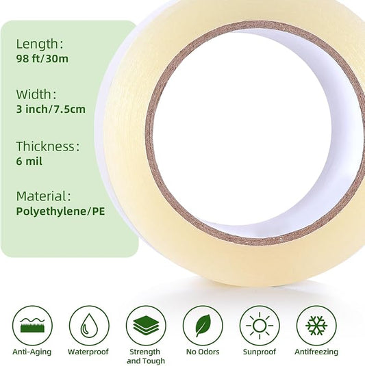 Ohuhu Greenhouse Repair Tape Plastic: 3" x 98' Green House Sheeting Tape 6.3 mil Reinforced Clear Plastic Film for Greenhouse Polyethylene PE Cover Repair