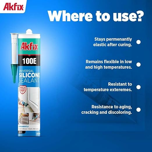 Akfix 100E RTV White Silicone Caulk (1x10.1 fl.oz.) - 100% Waterproof Silicone Sealant for Kitchen and Bathroom, Shower, Toilet, Sink, Window and Door, No Yellowing | White, 1 Pack