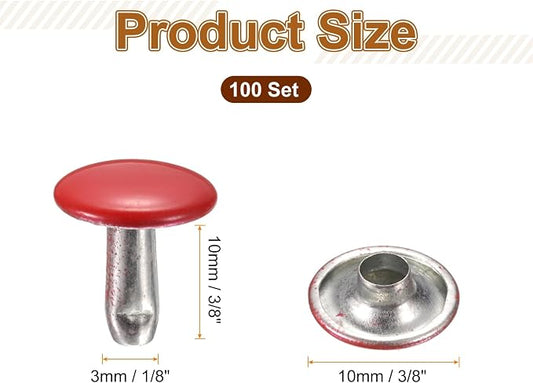 HARFINGTON 100 Sets Double Cap Leather Rivets, 10x10mm Round Cap Tubular Metal Studs Leather Crafting Rivets for Fabric Belt Pet Collar Boot Bag Repair and Decoration, Red