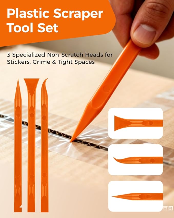 12Pcs Plastic Scraper Tool, Crevice Cleaning Tool, Non-Scratch Car Detailing Supplies for Cleaning, Versatile Label/Sticker Remover & Peeler Tool for Tight Spaces (Orange-12Pcs)