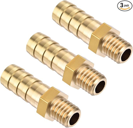 Pack of 3 Brass Hose Barb Fittings Adapter Connector 8mm Hose Barb to M8x1.25 Male Fittings for Home Machines, Massage Bathtubs, and Irrigation Systems