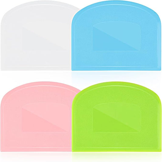 4 Pieces Food Scraper, Flexible Dough Scraper, Dough Scraper for Sourdough, Multifunctional Kitchen Scraper Tool, Baking Scraper, Bread Dough Cutter, Cake Smoother for Icing (White, Green, Blue, Pink)