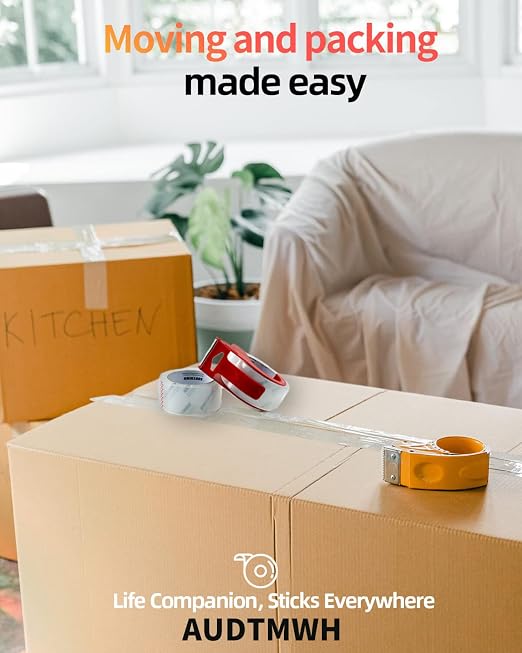 AUDTMWH Packing Tape with Dispenser, Clear, Heavy Duty Packaging Tape Designed for Moving, Packing, Shipping and Mailing, 1.88" x 48 Yds, 2 Rolls w/1 Dispenser