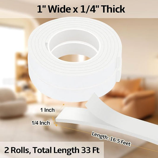 EVA Foam Weather Stripping Tape,1 Inch W x 1/4 Inch T Self-Adhesive Seal Tape for Doors & Windows-Draft Blocker,Soundproofing,Waterproof Insulation Foam,2 Rolls Total 33FT White