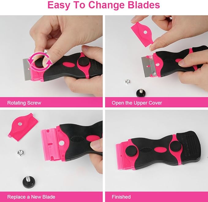 Ainiv Razor Blade Scraper, 2-in-1 Scraper Tool with 10PCS Metal Blades and 10PCS Plastic Blades, Multi-funtional Cleaning Razor Scraper for Decals, Stickers, Labels, Caulk, Adhesive Removal(Pink)