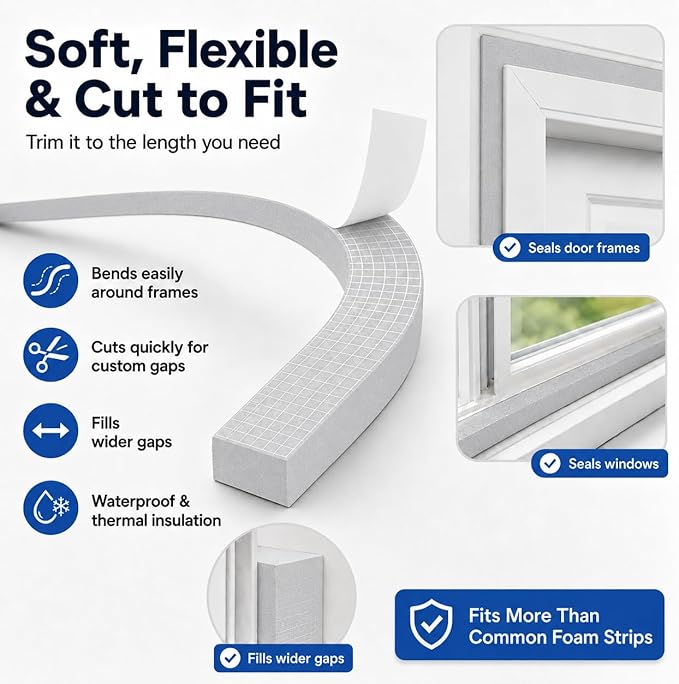 66FT EVA Foam Weather Stripping Door Seal, Self-Adhesive Weatherstrip Tape for Door Frame, Window Gaps, Soundproof Insulation