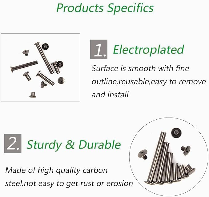 100 Pcs (50 Pair) Gun Black Phillips Chicago Binding Screws Assorted Kits,6 Sizes of Flat Head Rivet Hollow Binding Screws Posts, for Leather Saddles Purses Belt Repair（M5x5/10/15/25/35/45）