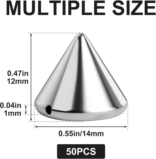 OIIKI 50 PCS 14 mm ABS Bullet Spike Cone Studs, Rivets Cone Spike Studs Beads, Flat Back Punk Spikes DIY Crafts Studs Glue on Decoration for Leather Clothes Belt Bags Jewelry Trims - Silver