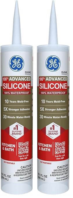 GE Advanced Silicone Caulk for Kitchen & Bathroom, Clear, 10 fl oz Cartridge, 2 Pack - 100% Waterproof Silicone Sealant, 5X Stronger Adhesion, Shrink & Crack Proof