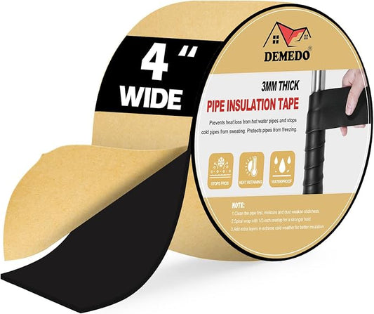 DEMEDO Pipe Insulation Tape, Pipe Wrap Insulation Foam Tape Self Adhesive, Outdoor Water Pipe Insulation Roll for HVAC, AC Line Insulation, 4 inch x 16.5 FT Heat Tape for Water Pipe, Black