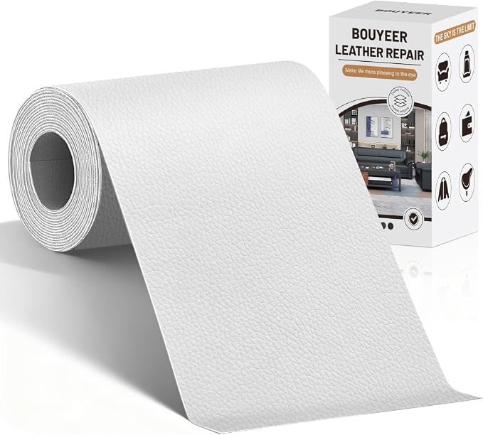 BOUYEER Leather Repair Patch Tape Kit,Self Adhesive Leather Repair for Sofa，Car Seat,Office Chair,Furniture,Jacket,Waterproof Strong Adhesive Vinyl Repair Kit. 4 in x 79 in,White