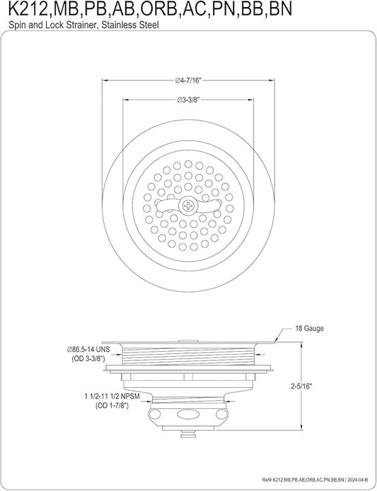 Kingston Brass K212AC Tacoma Spin and Seal Sink Basket Strainer, Antique Copper