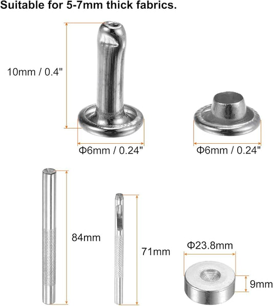 HARFINGTON 100 Sets Leather Rivets 10 x 6mm Metal Double Cap Rivet Snaps Studs Fasteners with 3pcs Setting Tools Rivets for Leather Craft DIY Repair Decoration, Silver Tone