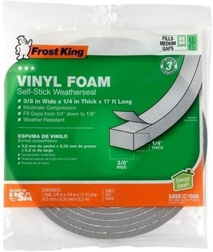Frost King Vinyl Foam Tape - Closed Cell - Moderate Compression, 3/8" W, 3/16" Thick, 17' L, Grey
