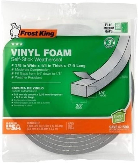 Frost King Vinyl Foam Tape - Closed Cell - Moderate Compression, 3/8" W, 3/16" Thick, 17' L, Grey