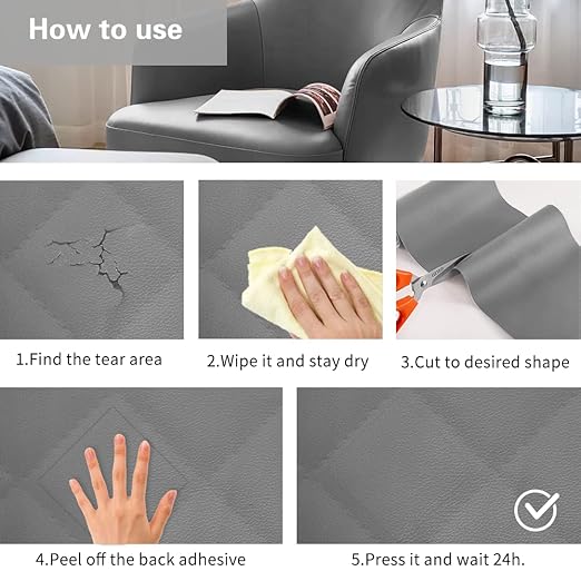 Cahomo Self-Adhesive Leather Repair Patches Tape for Couches - 8x11 inch, Vinyl & Leather Repair Kit for Furniture, Car Seats, Handbags, Jackets - Grey