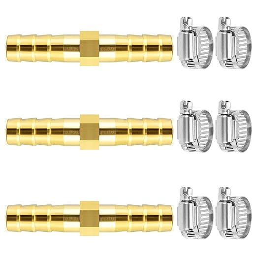 Da by 3 pcs 1/4"(6mm) Brass Barb Splicer Mender Hose Barb Fitting with 6 pcs Stainless Steel Pipe Clamps for Water/Fuel/Air