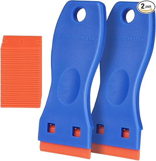 Ainiv Plastic Razor Blade Scrapers, 2PCS Scraper Tool with 30PCS Blades, Multi-funtional Cleaning Razor Scraper for Removing Stickers, Labels, Caulk, Adhesive, Paint Removal-Blue&Orange
