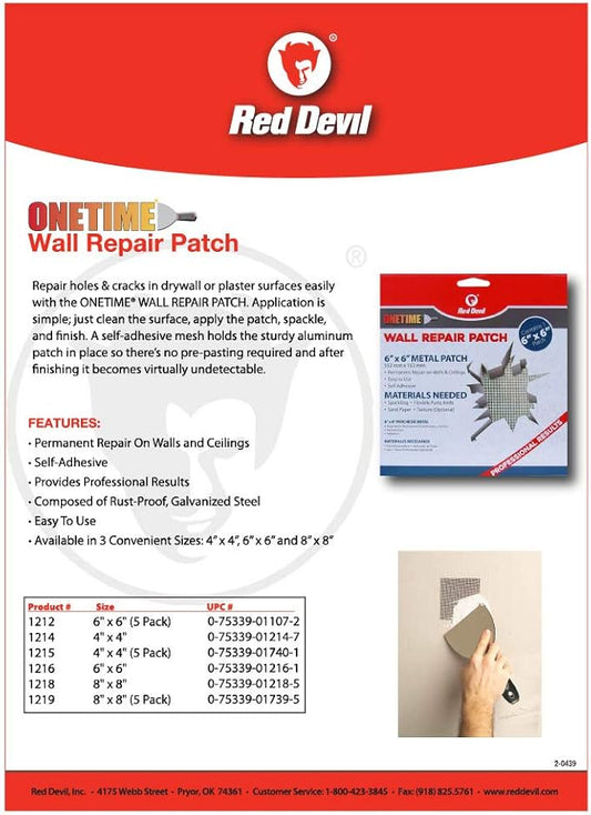 Red Devil 1212 6" x 6" ONETIME Wall Repair Patch, 5 Pack