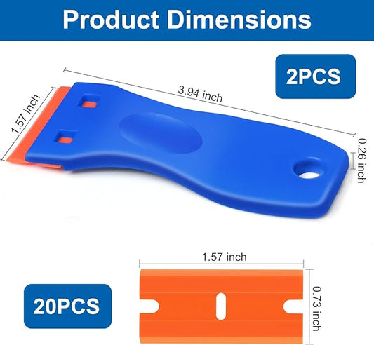 Plastic Razor Blade Scraper Tool, 2 Pcs Razor Scraper with 20 Pcs Plastic Blades, Cleaning Scraper Remover for Removal Floor Stove Scraping Labels and Decals Sticker on Car Window Glass