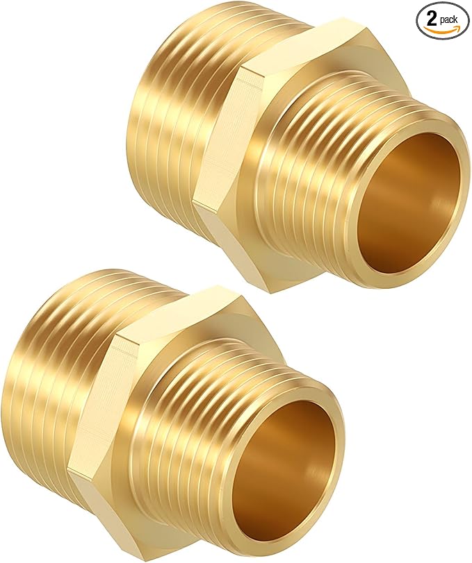 Pack of 2, 1" NPT Male to 3/4" NPT Male Solid Brass Hex Nipple Hose Connectors, Male Pipe Adapter for Pipe Leak Repair, Bathroom Remodeling, Tool Extensions, Compression
