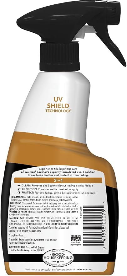 Weiman Leather Cleaner & Conditioner - Cleans, Restores & Protects Leather, UV Protection Prevent Cracking & Fading, For Car Seats, Sofas, Shoes, Bags & All Finished Leather Surfaces, 2 Pack