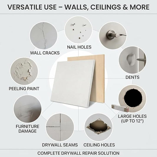 Drywall Repair Kit，34 Pcs 12x12inch Wall Patch Kit with Saw& Wood Boards，Drywall Patch Kit for Large Holes，Sheetrock Repair Kit for Cracks, Dents & Nail Holes-Quick & Easy Wall Surface Repair Solution