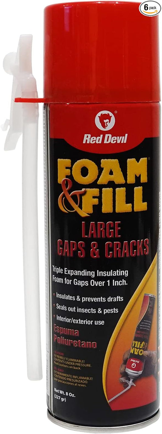 Red Devil 0908 Foam & Fill Large Gaps & Cracks Expanding Polyurethane Sealant, 8 oz, Off White, Case of 6