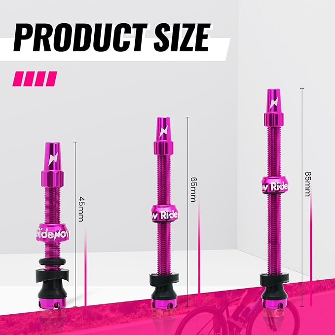 RideNow Tubeless Presta Valve Stems, 45mm Super Light 7075 Aluminum Alloy Presta Tubeless Valve Stem Kit with Valve Core Remover Tool and Valve Stem Caps, Multiple Color and Size Options(Pair), Purple